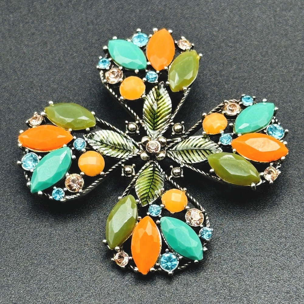 Vintage Floral Brooch‎ Colorful Art Glass Cabochon Rhinestone Silver Tone Pin